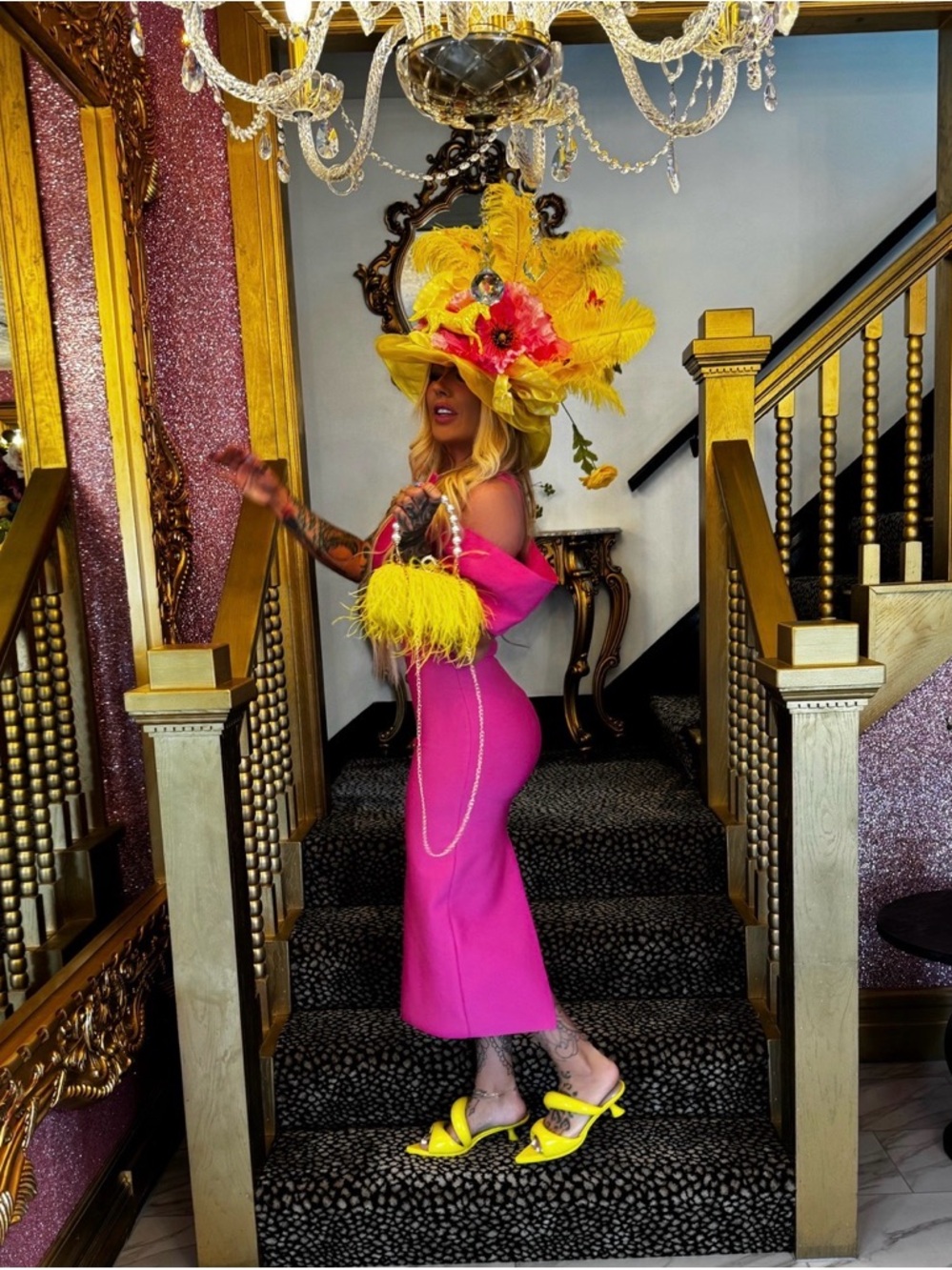 Bold Pink One-Shoulder Dress with Yellow Feather Hat - Picture 2 of 2